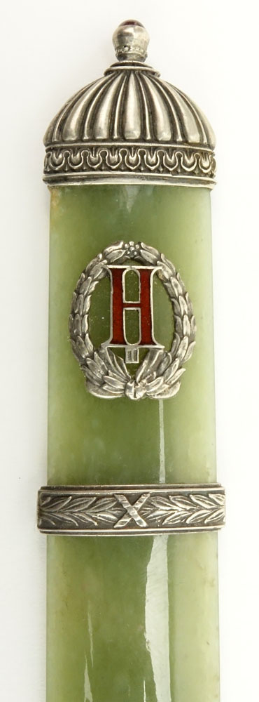 20th Century Russian Moscow 88 Silver Mounted Jade Letter Opener with Enameled Monogram "A". 