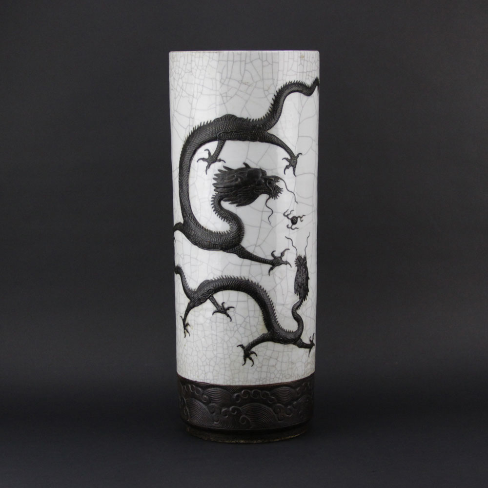 19/20th Century Chinese Crackle Glaze Raised Dragon and Crane Relief Umbrella Stand