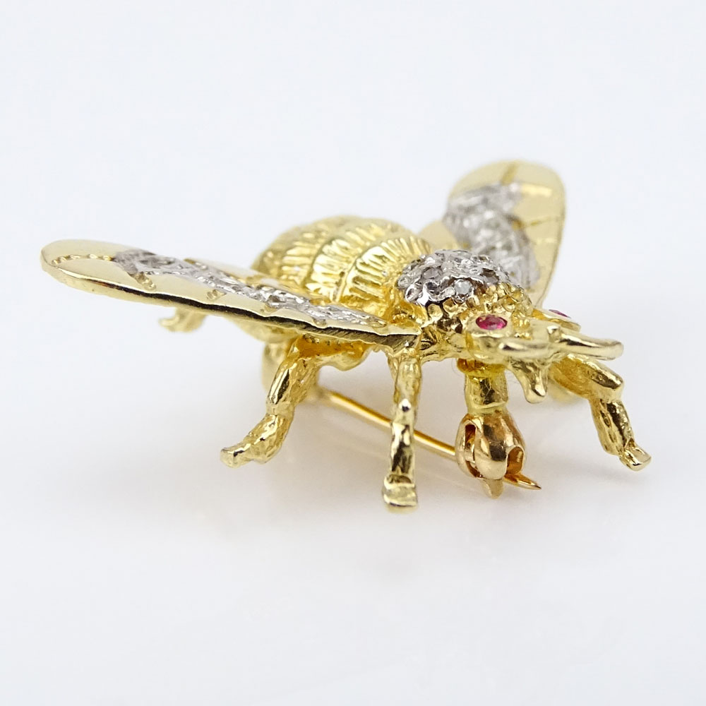 Small 14 Karat Yellow Gold Bee Brooch with Small Diamond and Ruby accents