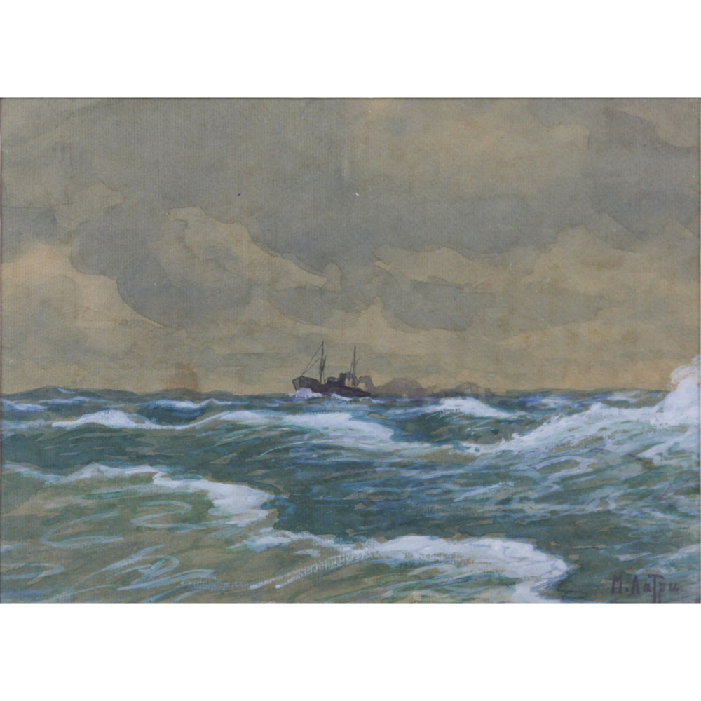 Early 20th Century Russian Watercolor and Gouache on Paper "Ship In Choppy Seas" 