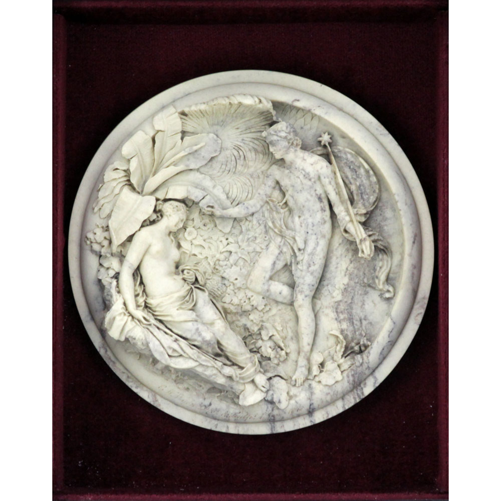 Antique Neoclassical Style Marble "Dionysus finding Ariadne" High Relief Carving in Shadowbox Frame