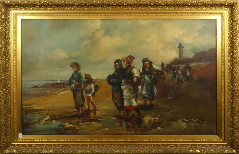 Pierry (20th Century) Oil On Canvas "Dutch Women On The Shore"