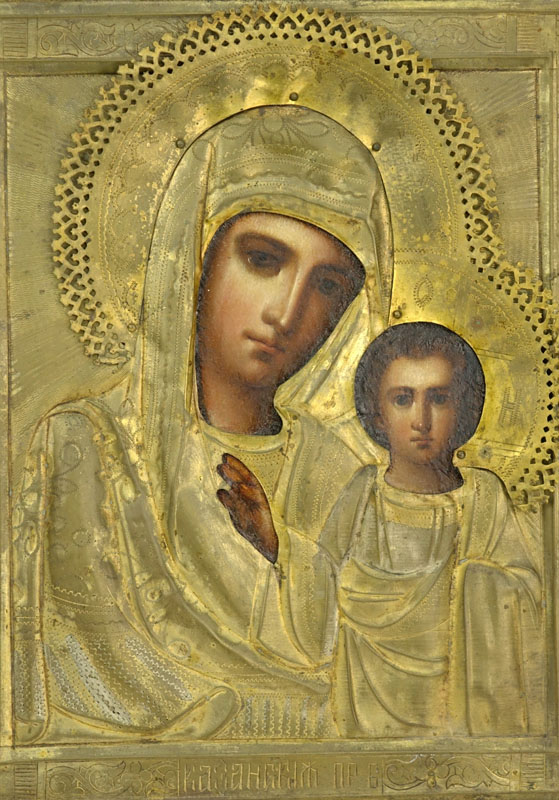 19th Century Hand Painted Russian Icon With Brass Overlay On Board