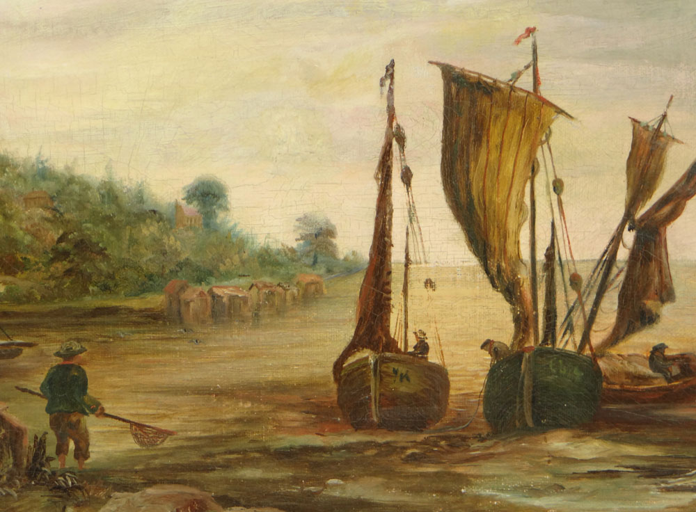 19/20th Century Continental School Oil on Canvas "Preparing the Nets" Possibly Relined or else Good Condition