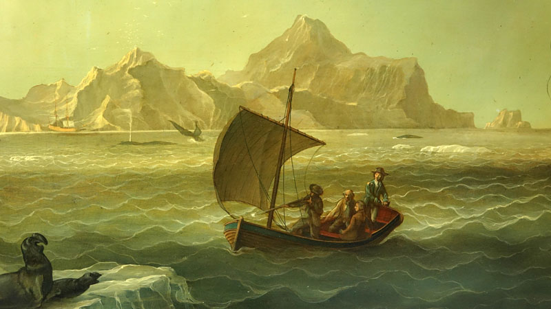 Louis Dodd, British (1943-2006) Oil on panel "English Shipping In The Ice - Greenland 1770" Signed lower right