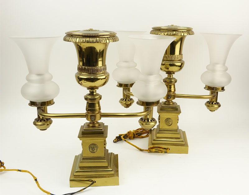 Pair of John B. Jones Boston Brass Two Arm Trophy Style Student Lamps.