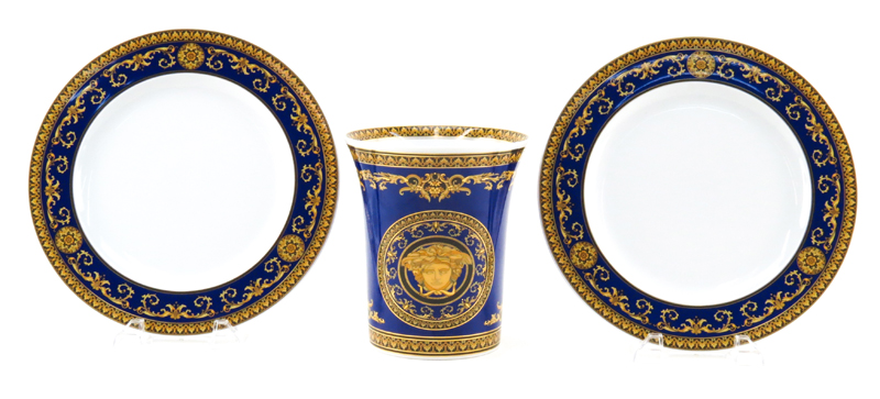 Grouping of Seven (7) Rosenthal Versace "Medusa Blue" Porcelain Plates and Vase