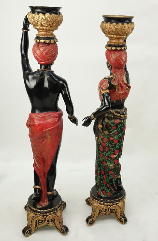 20th Century Pair of Cold Painted Bronze Blackamoors on Parcel Gilt Pedestal Bases