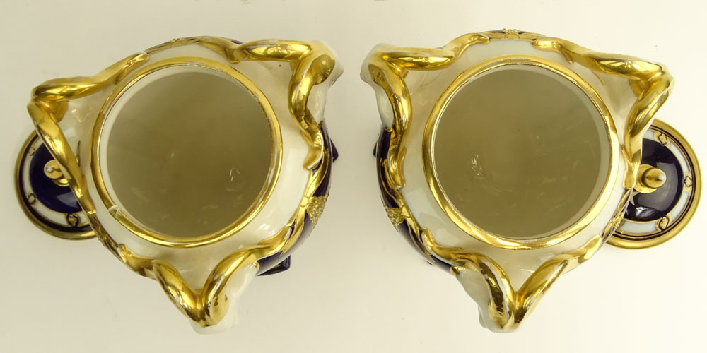 Pair Royal Dux Porcelain Cobalt and Parcel Gilt Covered Urns
