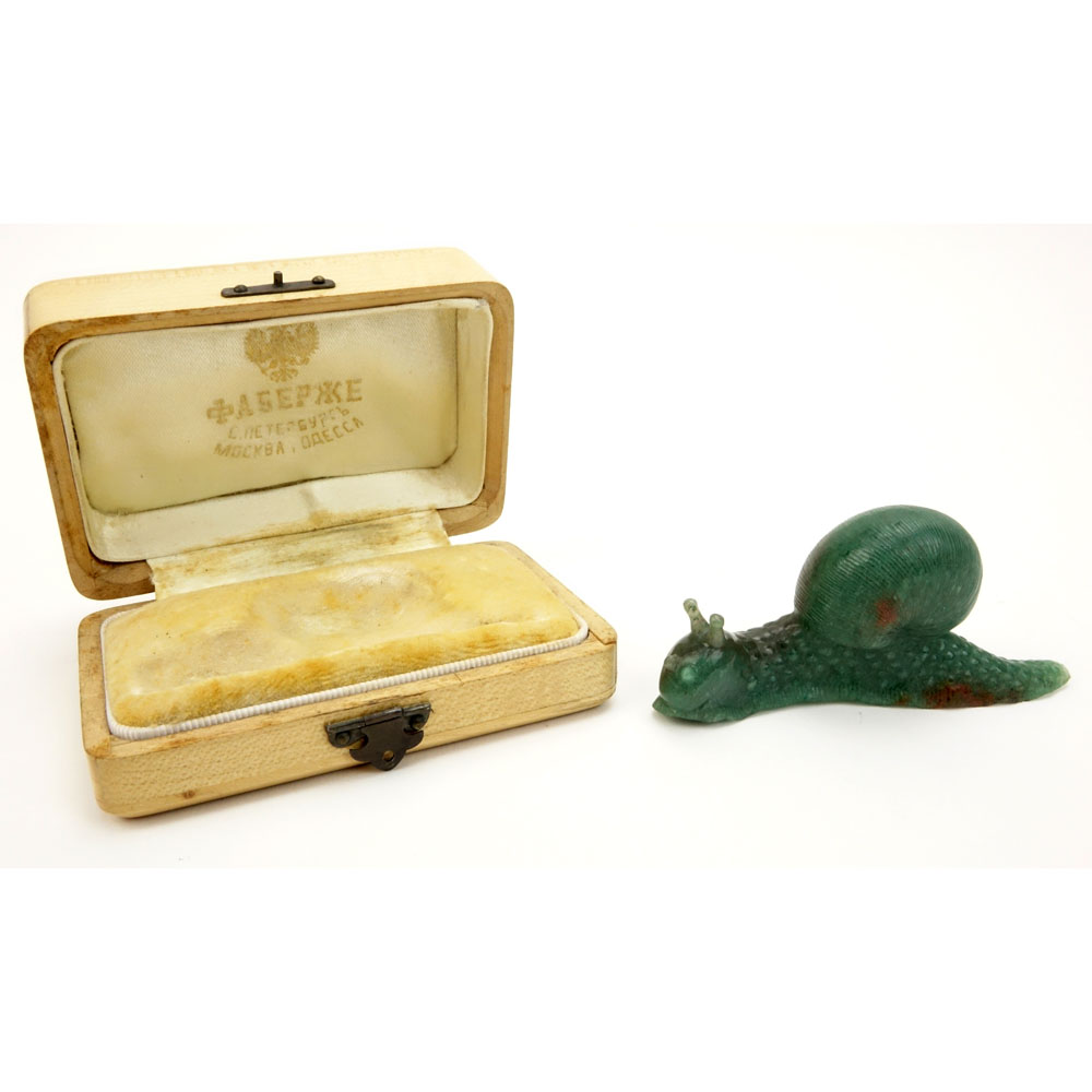 Early 20th Century Russian Carved Nephrite Jade Figural Snail in fitted box Signed Faberge