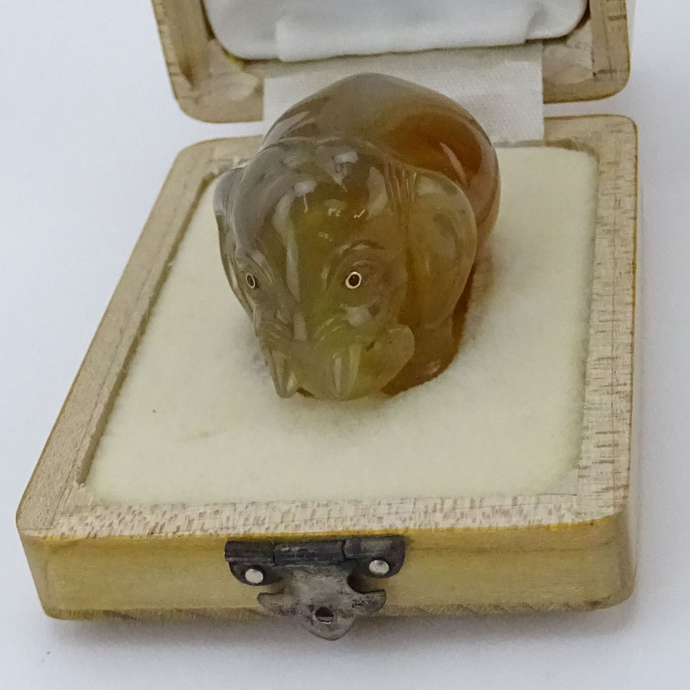 20th Century Russian Carved Carnelian Miniature Elephant Figure in fitted box signed Faberge