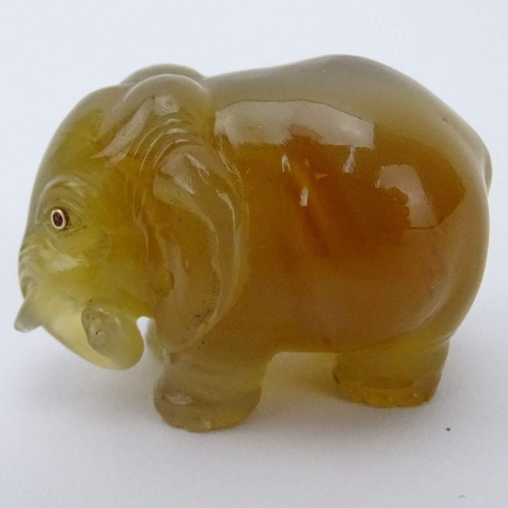 20th Century Russian Carved Carnelian Miniature Elephant Figure in fitted box signed Faberge