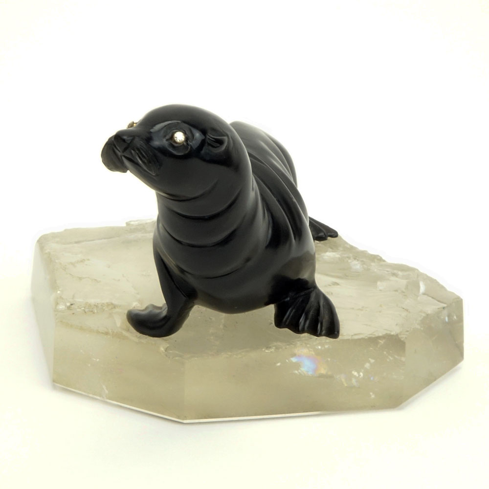 20th Century Russian Carved Obsidian Seal with Rose Cut Diamond Eyes on Carved Rock Crystal base