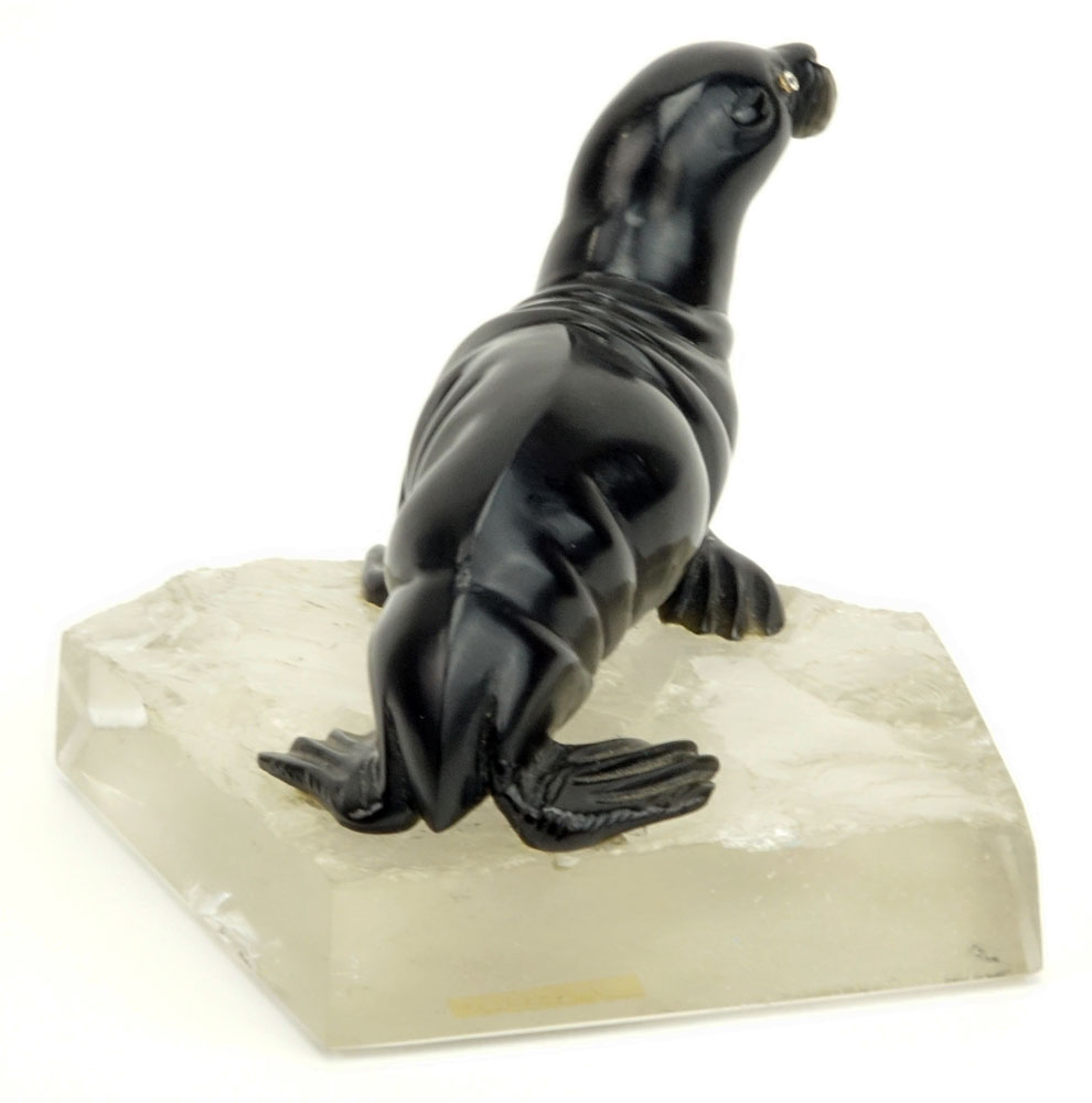 20th Century Russian Carved Obsidian Seal with Rose Cut Diamond Eyes on Carved Rock Crystal base