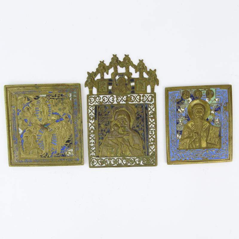 Four (4) Antique Russian Bronze and Enamel Religious Plaques