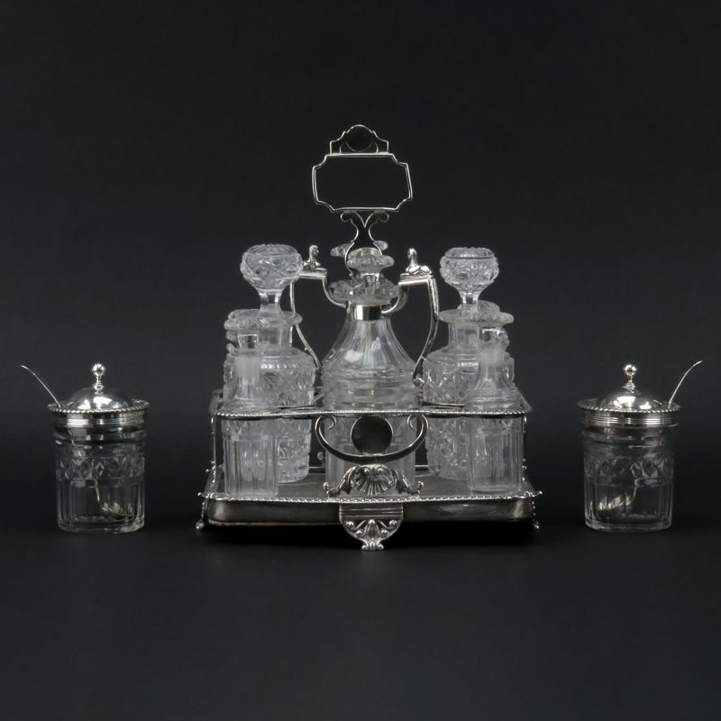 Antique English Repousse Sterling Silver 8 Glass Bottle Cruet Set with Two Matching Condiment Jars