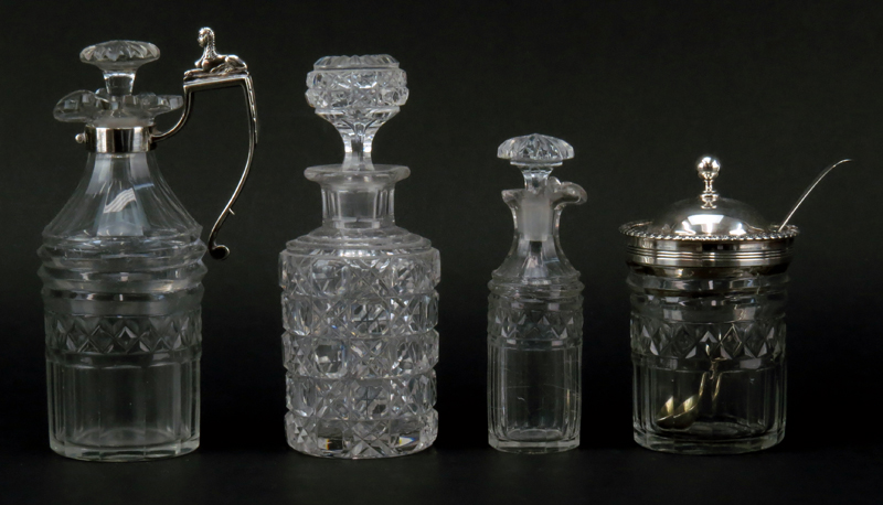Antique English Repousse Sterling Silver 8 Glass Bottle Cruet Set with Two Matching Condiment Jars