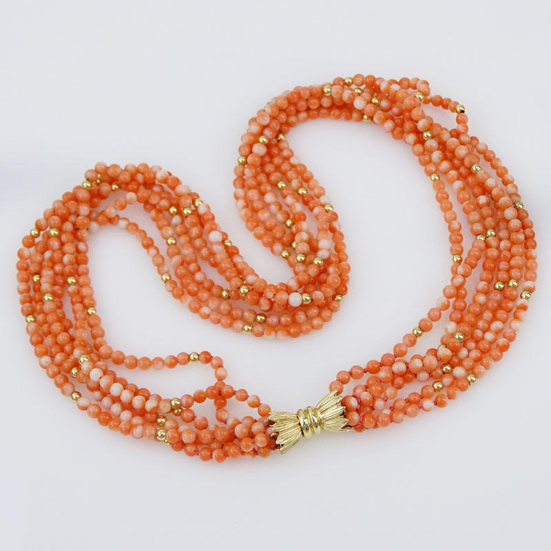 Vintage Six Strand Coral Bead and 14 Karat Yellow Gold Necklace