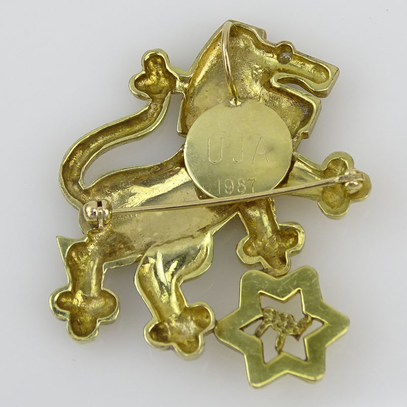 Vintage 14 Karat Yellow Gold Lion Pendant/Brooch with Star of David, Small Diamond Accent