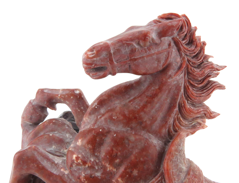 Hand Carved Chinese Natural Shoushan Stone Horse Figurine On Carved Wood Base