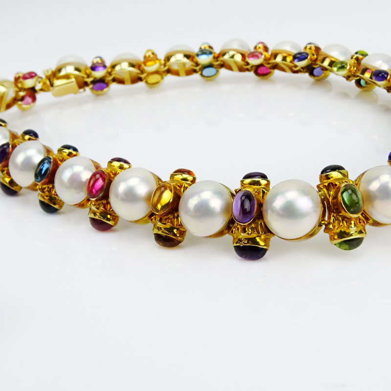 Bulgari style Mabe Pearl, Cabochon Multi Stone and 14 Karat Yellow Gold Necklace