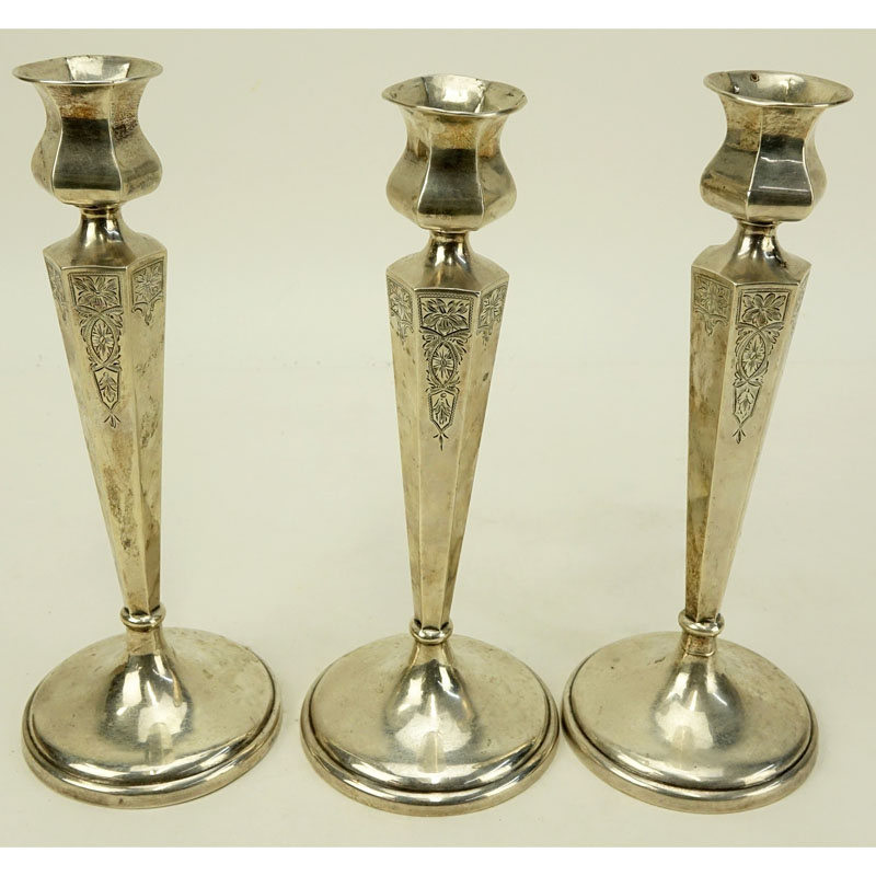 Three (3) Wallace Sterling Silver Octagonal Form Weighted Candlesticks