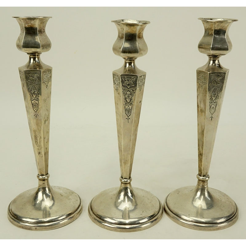 Three (3) Wallace Sterling Silver Octagonal Form Weighted Candlesticks
