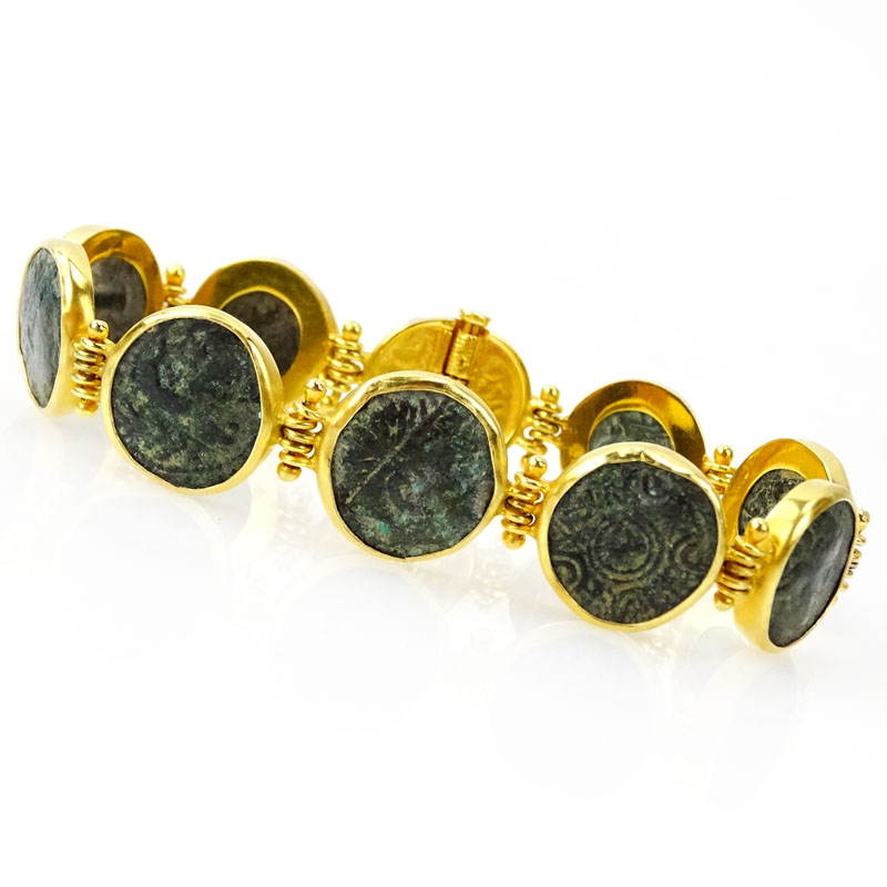 Vintage 18 Karat Yellow Gold Bracelet Set with Antique Roman Coins