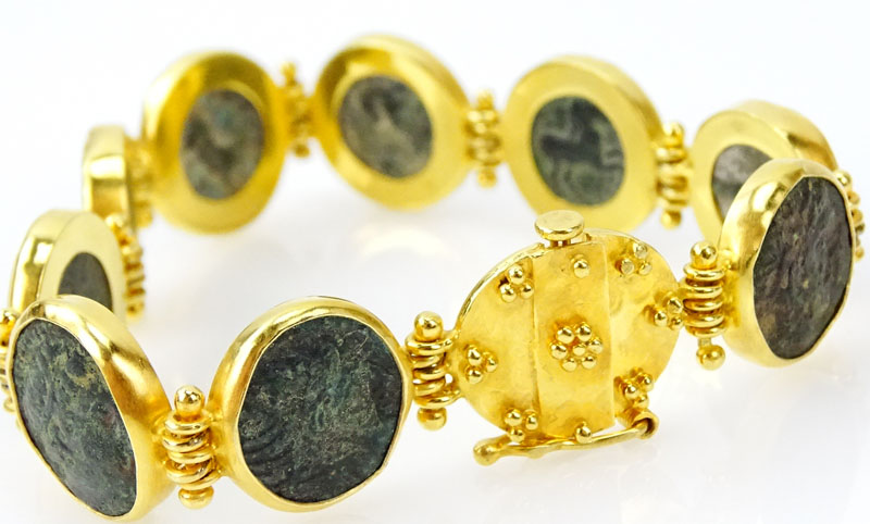 Vintage 18 Karat Yellow Gold Bracelet Set with Antique Roman Coins
