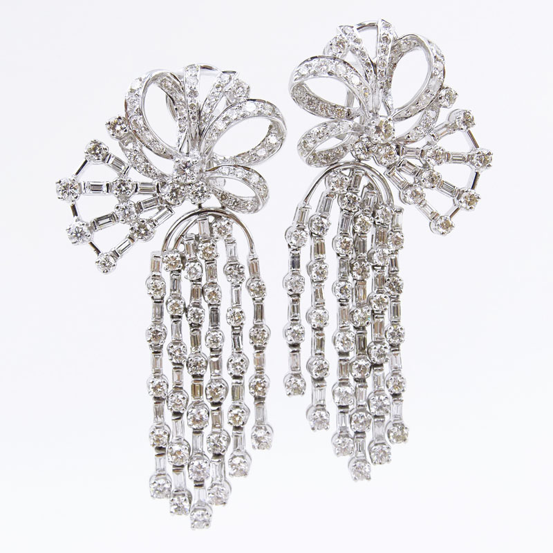 14.0 Carat Round Brilliant and Baguette Cut Diamond and 18 Karat White Gold Chandelier Earrings.