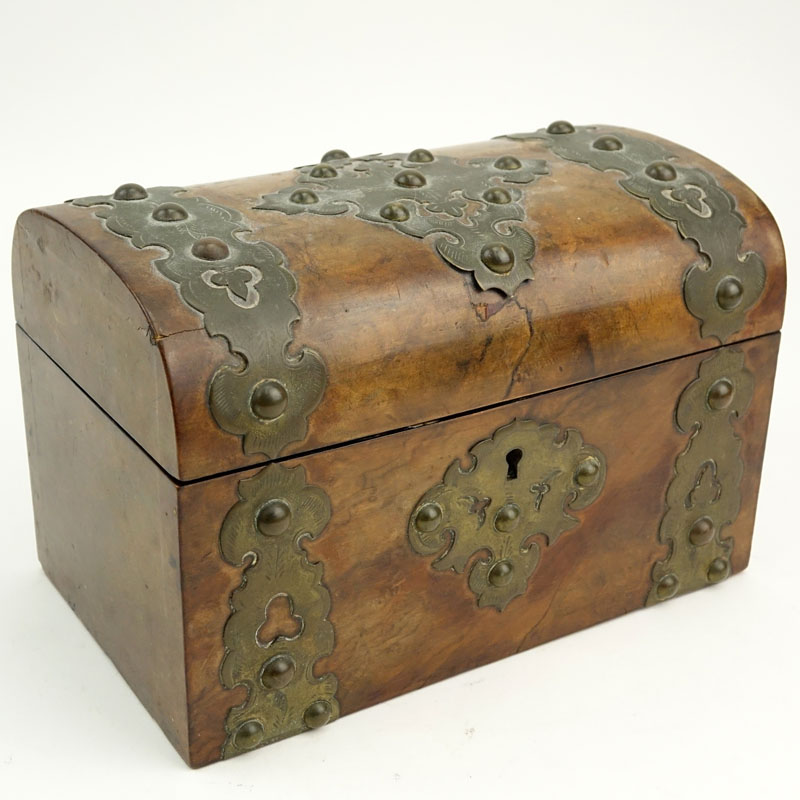 19th Century English Chest Shaped Burlwood and Brass Mounted Tea Caddy