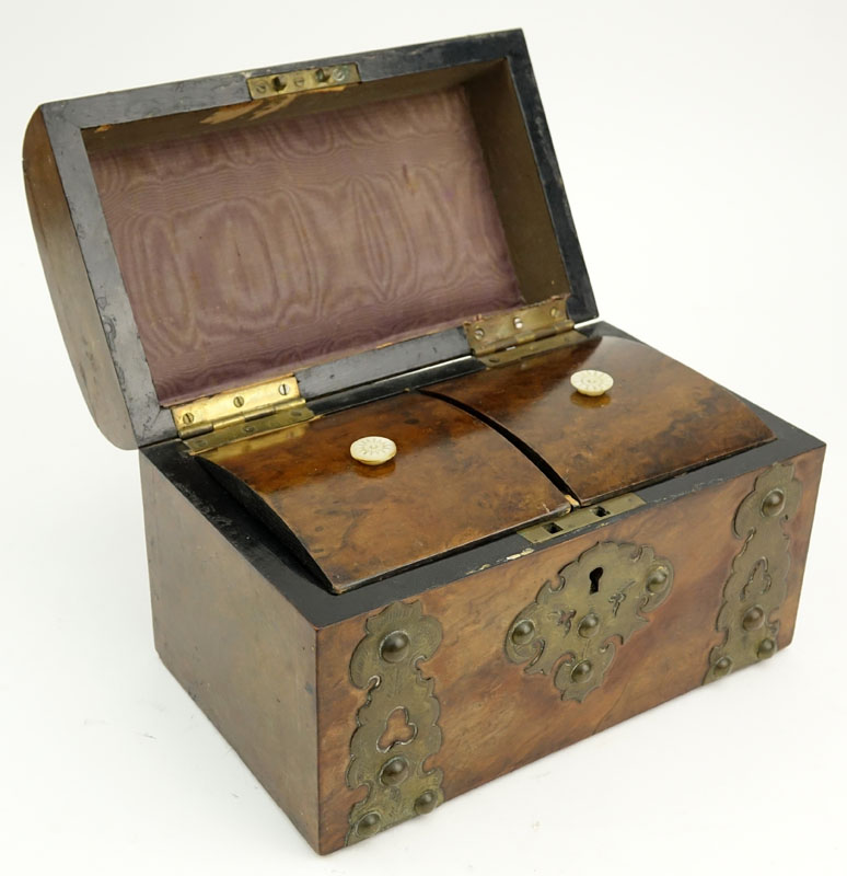 19th Century English Chest Shaped Burlwood and Brass Mounted Tea Caddy