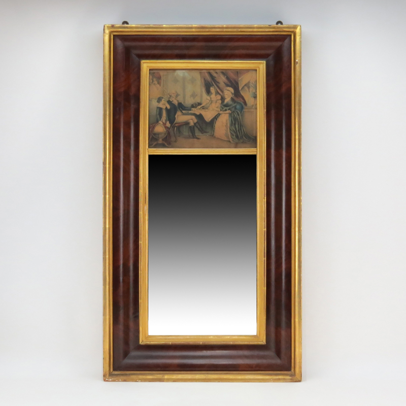 19th Century American Gilt Painted and Burlwood Federal Mirror with Colored Print of George Washington