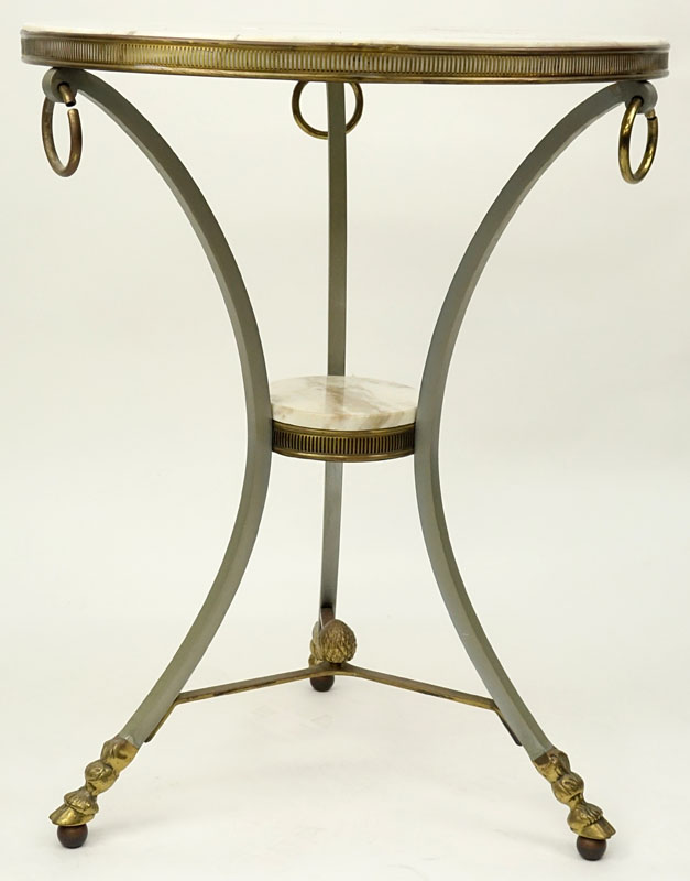 In the Manner of Maison Jansen: Mid Century French Stainless Steel and Brass Marble Top Gueridon