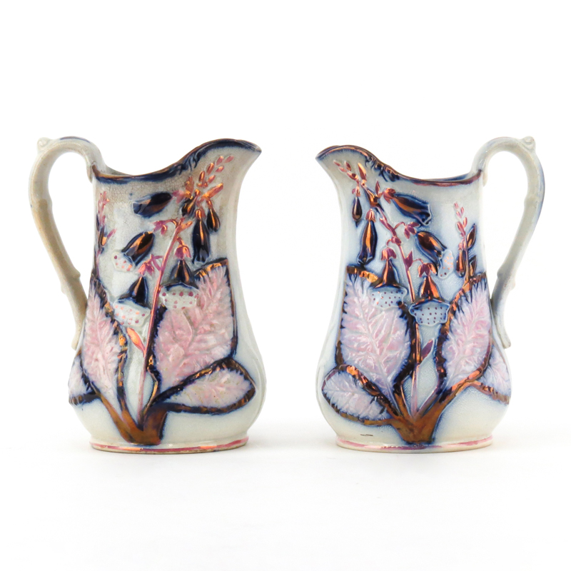 Pair of English Lusterware Floral Raised Relief Ceramic Jugs/Pitchers