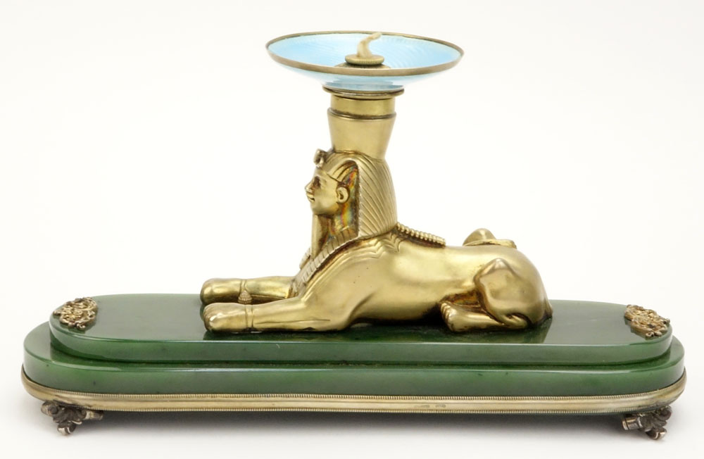 20th Century Russian Egyptian Revival Nephrite Jade, 88 Silver and Guilloche Enamel Figural Sphinx Desk Lighter