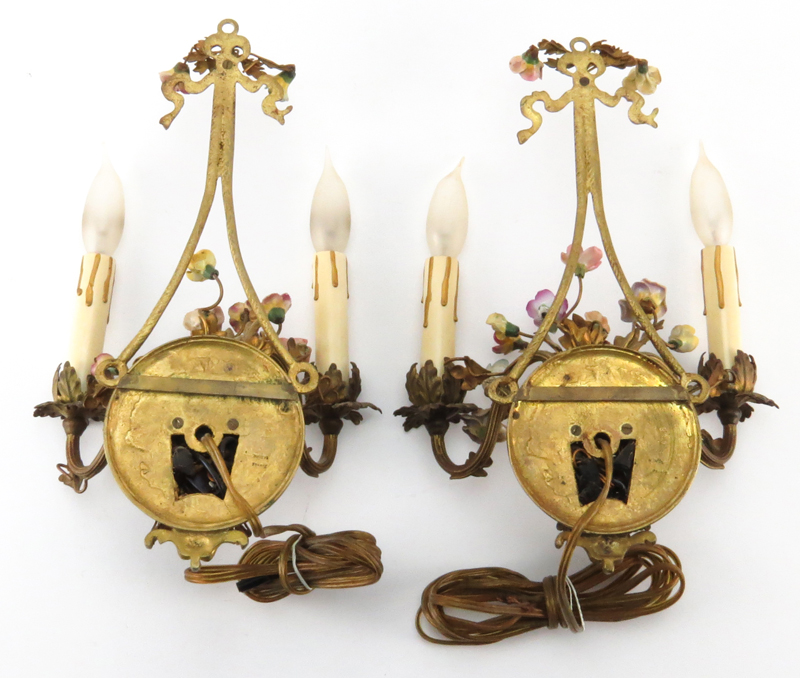 Pair of Antique French Gilt Bronze Sconces With Porcelain Flowers