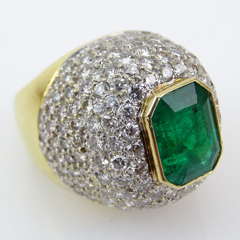 4.0 Carat Emerald Cut Colombian Emerald, 6.0 Carat Pave Set Round Cut Diamond and 18 Karat Yellow Gold Ring. 