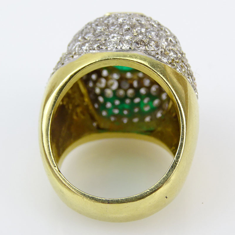 4.0 Carat Emerald Cut Colombian Emerald, 6.0 Carat Pave Set Round Cut Diamond and 18 Karat Yellow Gold Ring. 