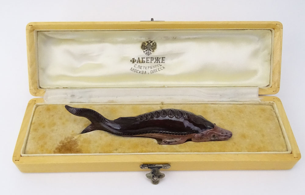 Early 20th Century Russian Carved Banded Agate Sturgeon in fitted box signed Faberge