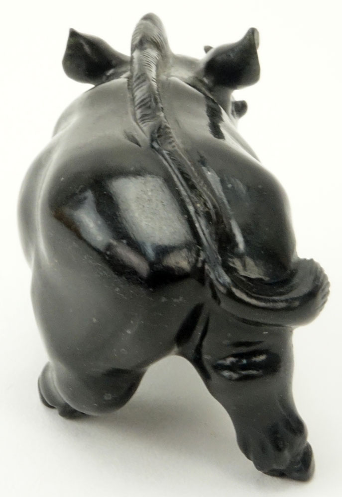 20th Century Russian Carved Obsidian Boar figure with Garnet Eyes in fitted box signed Faberge