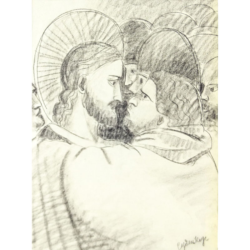 Attributed to: Sergei Soudeikine  (1883 - 1946) Pencil on paper "Christ and Judas"