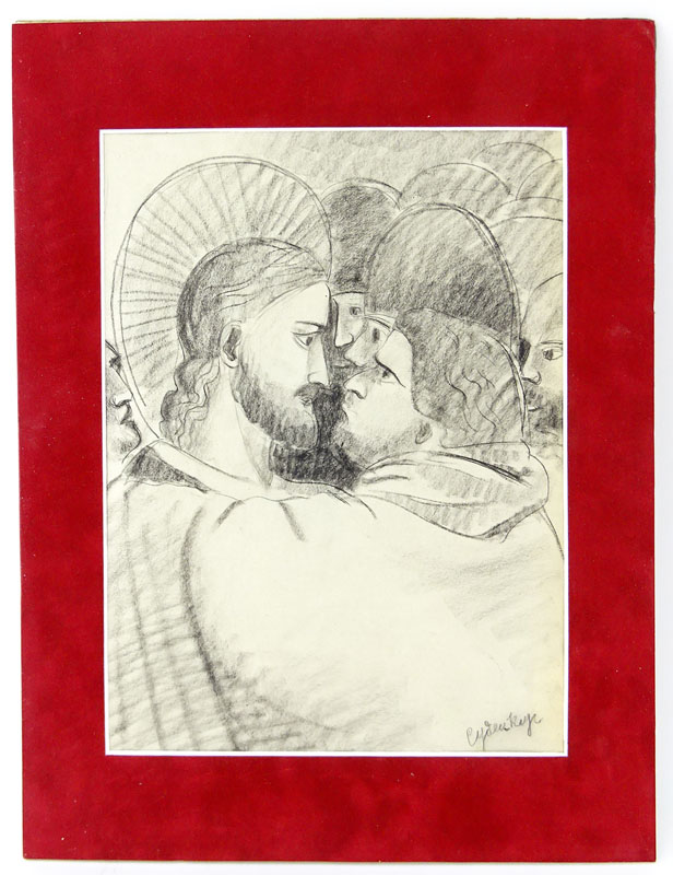 Attributed to: Sergei Soudeikine  (1883 - 1946) Pencil on paper "Christ and Judas"