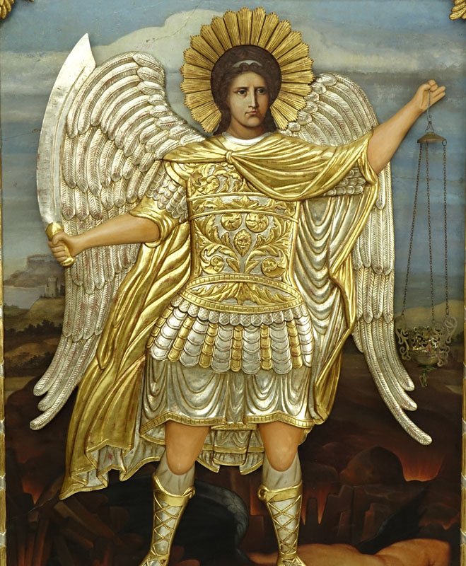 Large Russian Carved, Painted and Gilt Wood Icon with Lantern in Heavy Gilt Wood Frame, Michael the Archangel