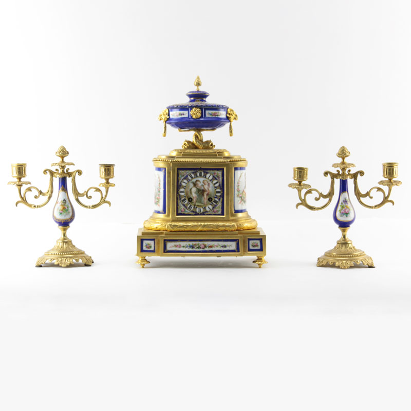 Antique French Louis XVI Style Clock Garniture Set with gilt bronze and blue porcelain Sevres style panels