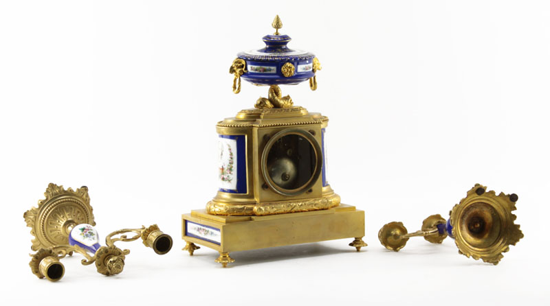 Antique French Louis XVI Style Clock Garniture Set with gilt bronze and blue porcelain Sevres style panels