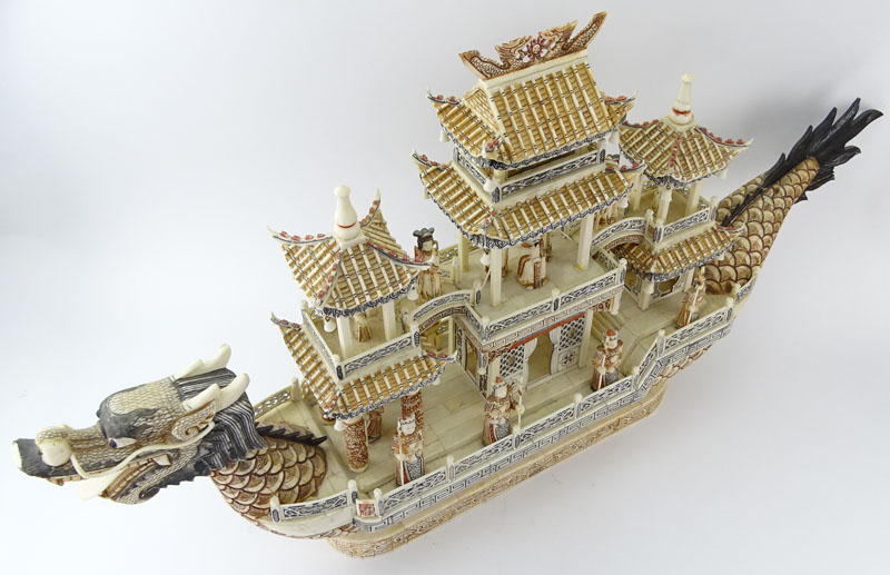 Vintage Chinese Carved Bone Dragon Ship with Immortals