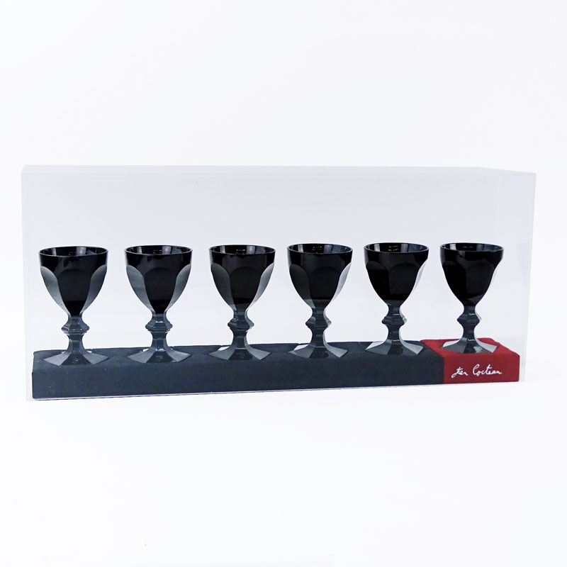 Set of Six (6) Baccarat Black Harcourt Crystal Goblets in Presentoir Case