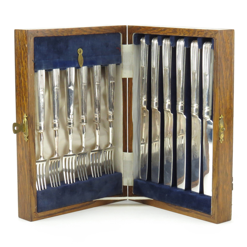 Set of Twelve (12) Antique Matthew Boulton, Birmingham Sterling Silver Knives and Forks in Fitted Box