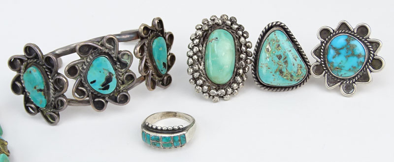 Lot of Ten (10) Pieces Vintage Turquoise, Silver and Marcasite Jewelry